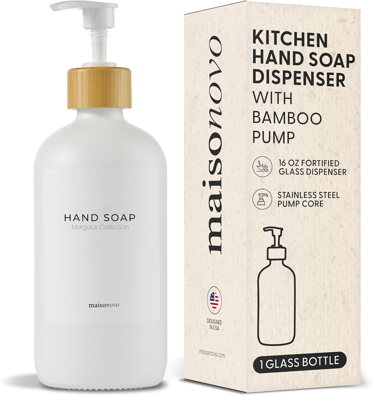 MaisoNovo Glass Hand Soap Dispenser | Dish Soap Dispenser for Kitchen | 16.9oz White Bottles with White Bamboo Pump | Bathroom Lotion Dispenser