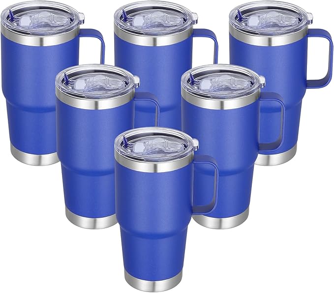 20 oz Stainless Steel Tumbler with Handle Bulk Metal Insulated Tumblers Travel Coffee Mug with Handle Double Wall Tumbler Cup with Lid and Straw, Blue 6 Pack
