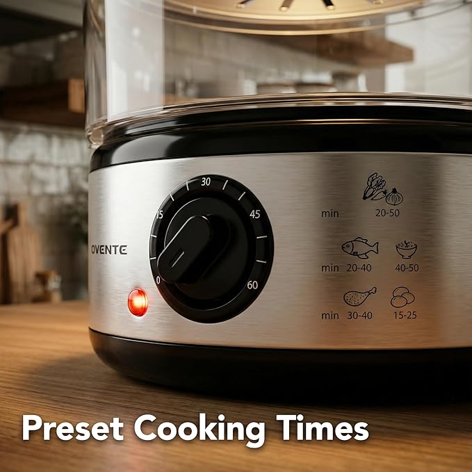 OVENTE 2-Tier Electric Food Steamer, 5 Quart Stainless Steel Stackable Steam Cooker with 400W Power, 60-Minute Timer & Auto Shut-Off, Dishwasher Safe, Healthy Vegetable & Seafood Steamer, Silver FS62S