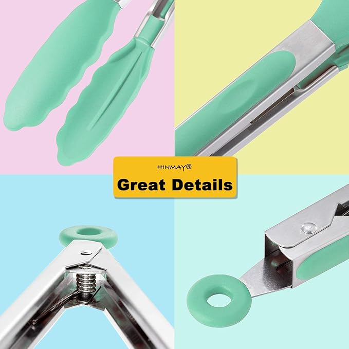 Stainless Steel Kitchen Cooking Tongs with Silicone Tips 9-Inch Serving Tongs, Set of 3 (Mint Pink Yellow)