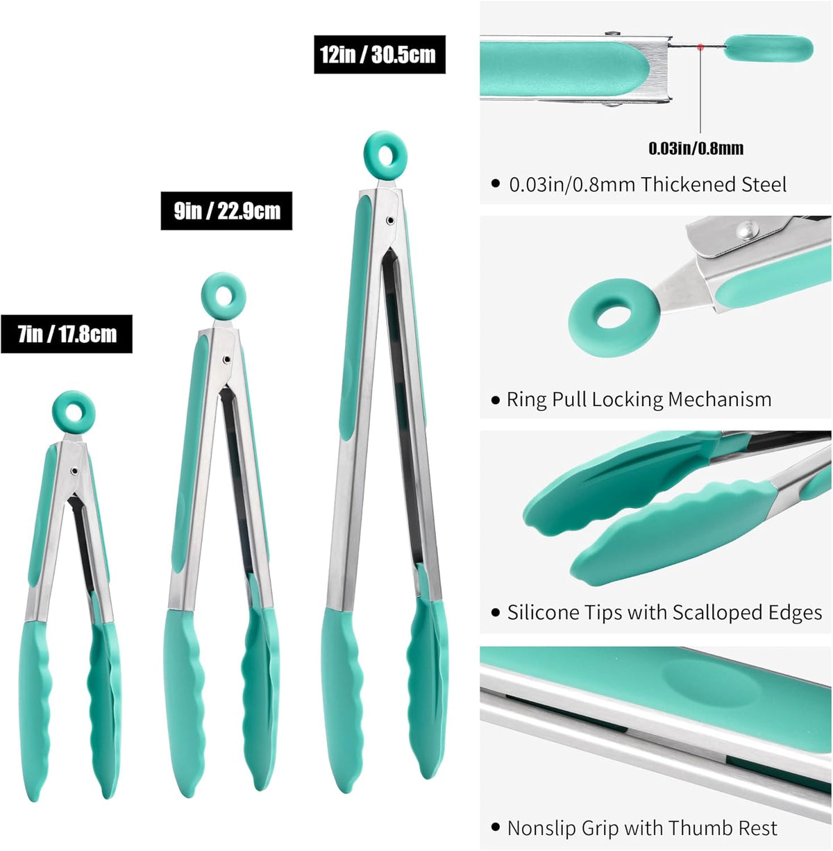 Doosu Kitchen Tongs for Cooking - 600°F Heat Resistant Food Tong Set with Non-Scratch Silicone Tips, Heavy Duty Stainless Steel Locking Tong for BBQ, Grilling Steak, Serving (7+9+12in, Aqua Sky)