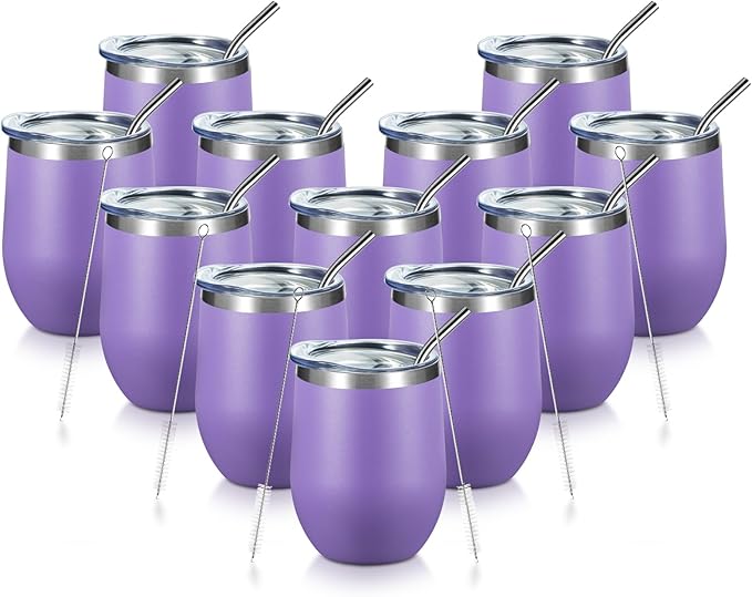 COMOOO Stainless Steel Wine Tumbler Glass Bulk with Lid and Straw 12oz Double Wall Vacuum Insulated Travel Tumbler Cup Stemless for Coffee Wine Cocktails Ice Cream Cup, Light Purple, 12 pack