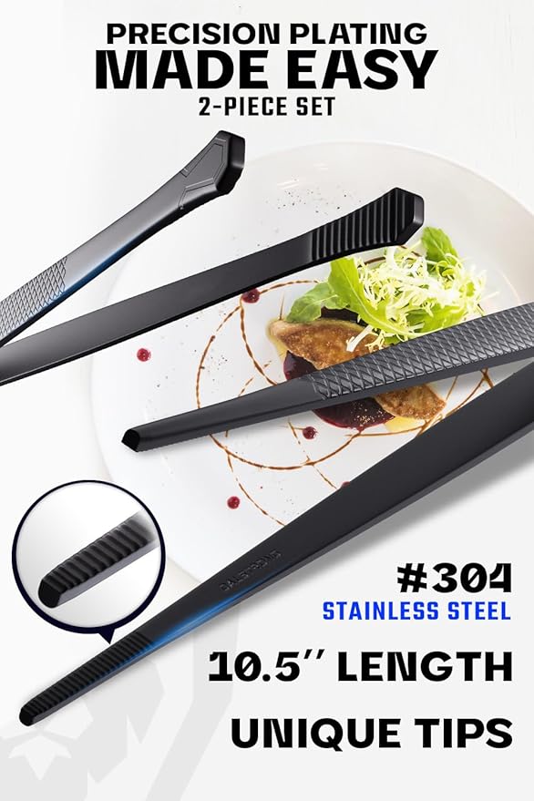DALSTRONG Professional Plating Tweezers - 2 Piece Set - 10 inch Straight+Wide Tip High-Precision - Black Titanium Coating - Plating, Multi-use - 304 Stainless Steel - Culinary Fine Use - Kitchen Tongs