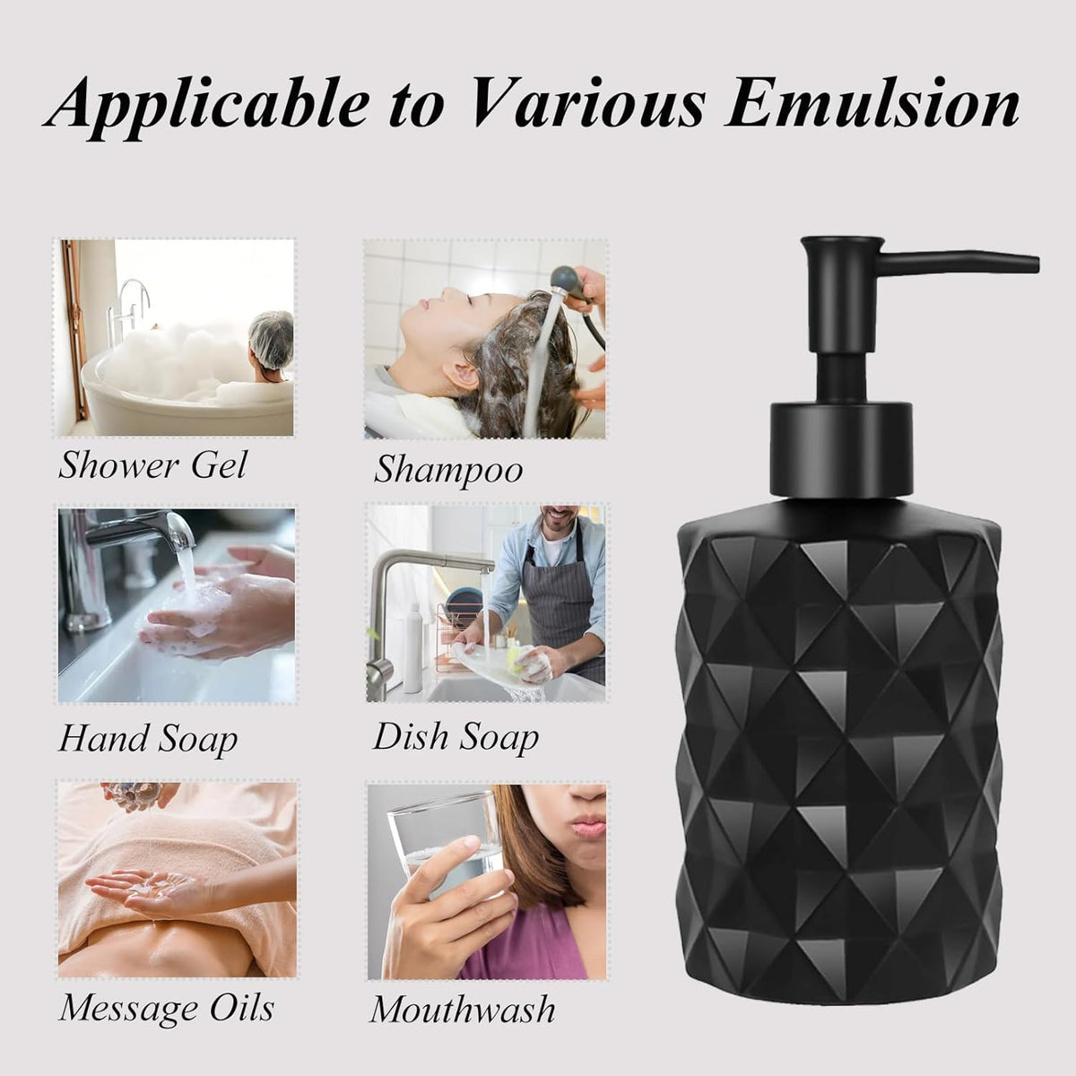 12Oz Small Glass Soap Dispenser with Black Plastic Pump, Black Refillable Kitchen Countertop Liquid Hand Soap Dispensers with Diamond Design, Crystal Bathroom Lotion Bottle for Dispense Dish Soap