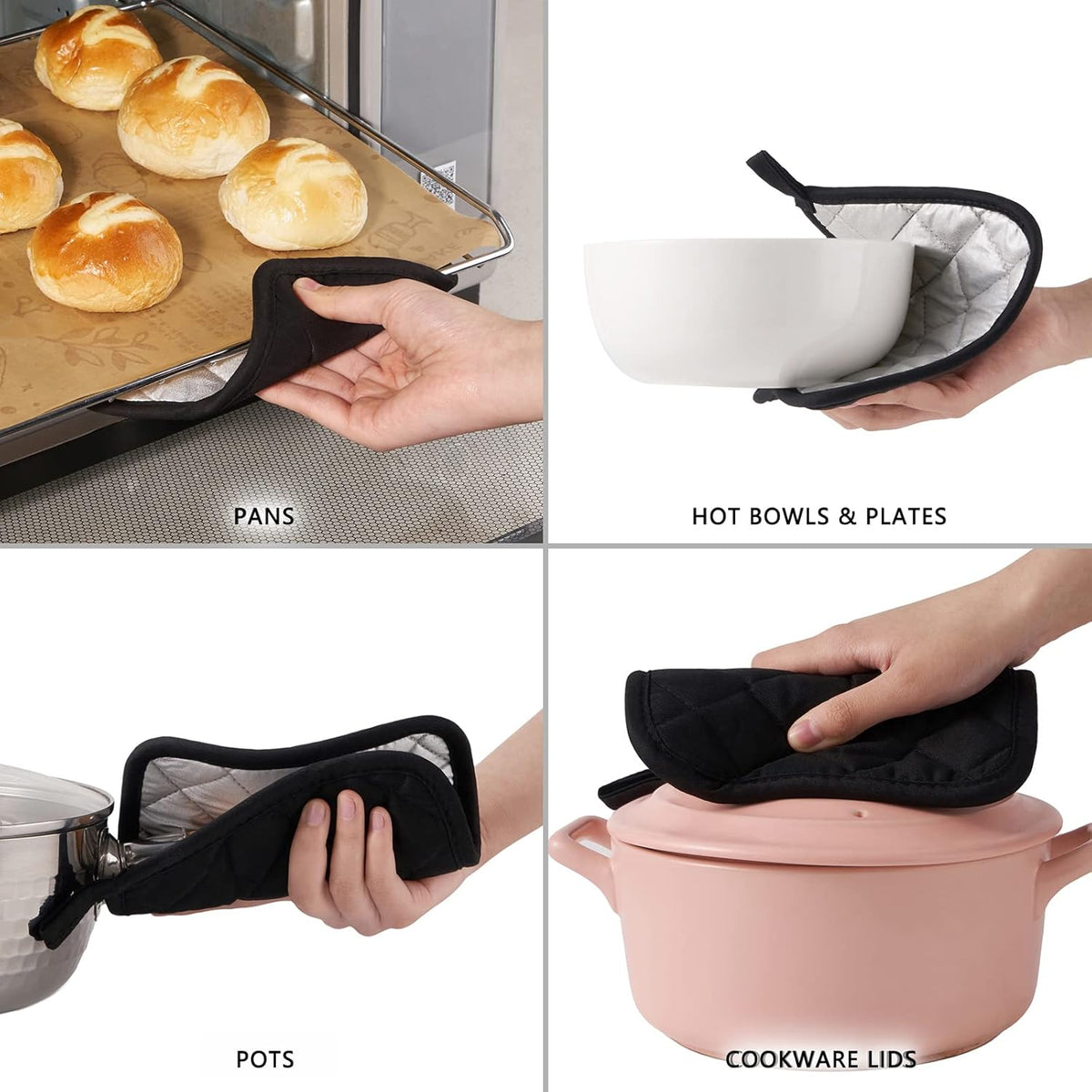 Kitchen Pot Holders Set Heat Resistant Pure Cotton Potholders Kit Trivets Large Coasters Hot Pads Terry Pot Holders for Everyday Cooking and Baking by 7 x 7 Inch Set of 6 Black