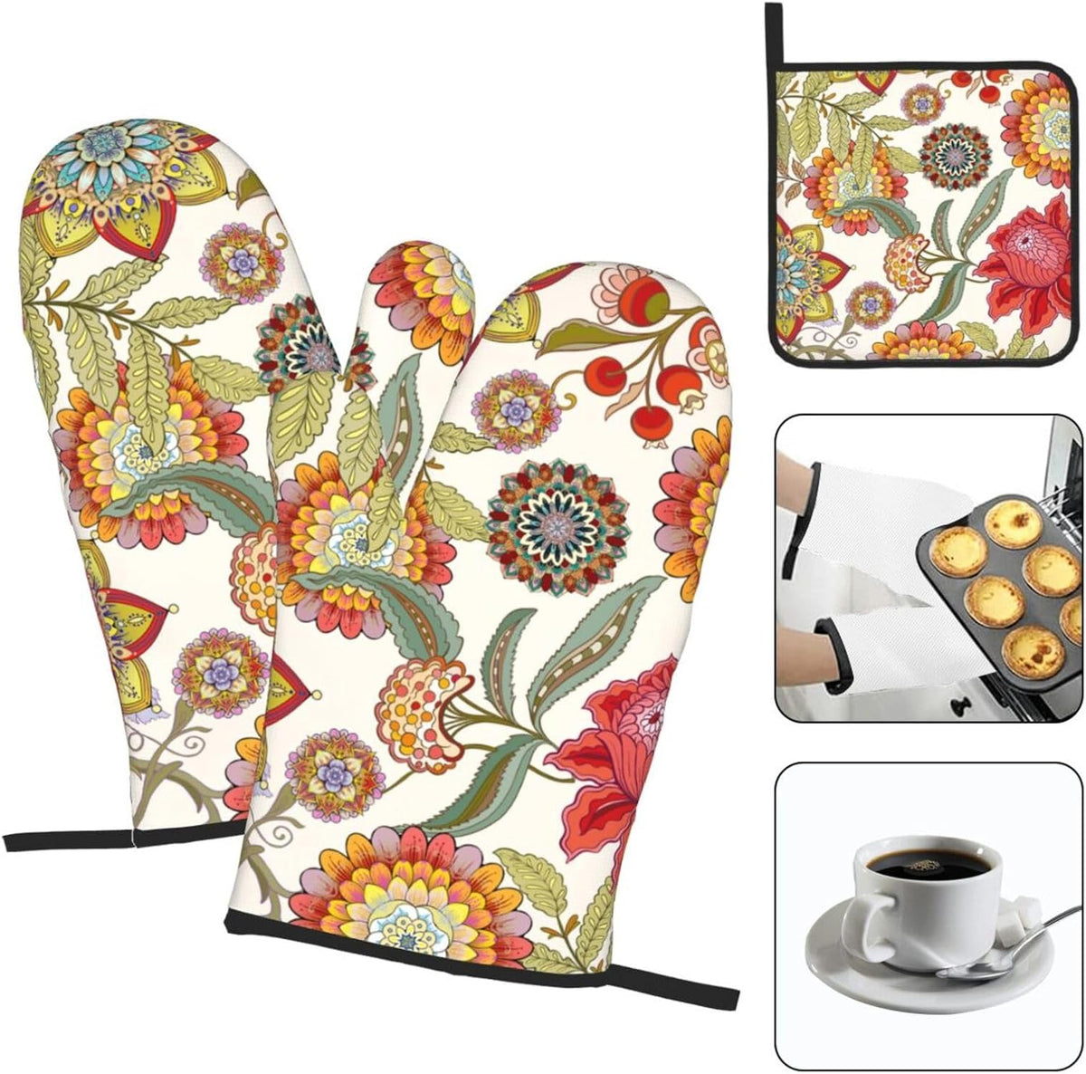 Boho Floral Oven Mitts and Pot Holders Sets of 3 Heat Resistant Hot Pads Colorful Flower Decorative Oven Gloves for Cooking Grilling Baking Kitchen Decor