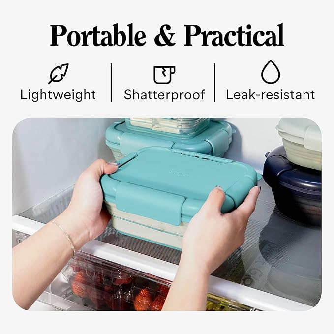 STOJO Collapsible Bento Box, Reusable, Leak-Proof, Microwave & Dishwasher Safe, Premium Lunch Container with Divider – Space-Saving, Transparent Design (Eucalyptus, 2.75-Cup/650mL)