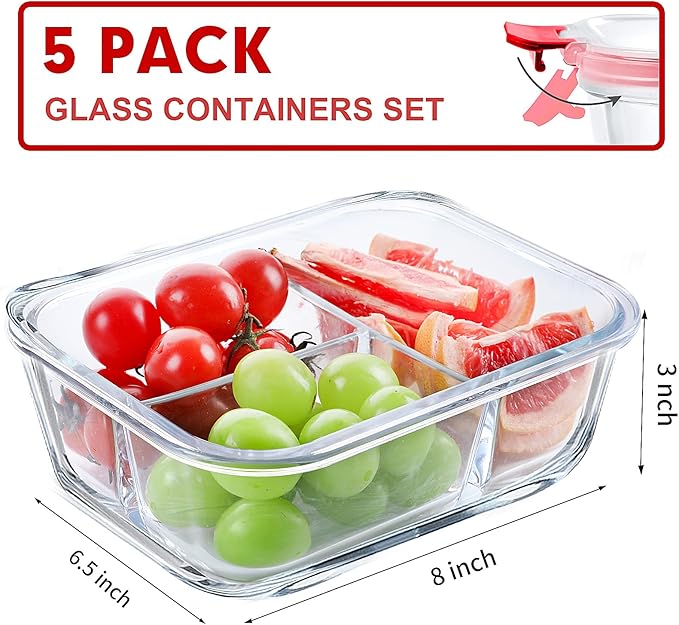 VERONES 5 Pack Glass Meal Prep Containers 3 Compartment Set, 36OZ Airtight Glass Lunch Containers, Glass Food Storage Containers with Lids, for Microwave, Oven, Freezer & Dishwasher Friendly,Red