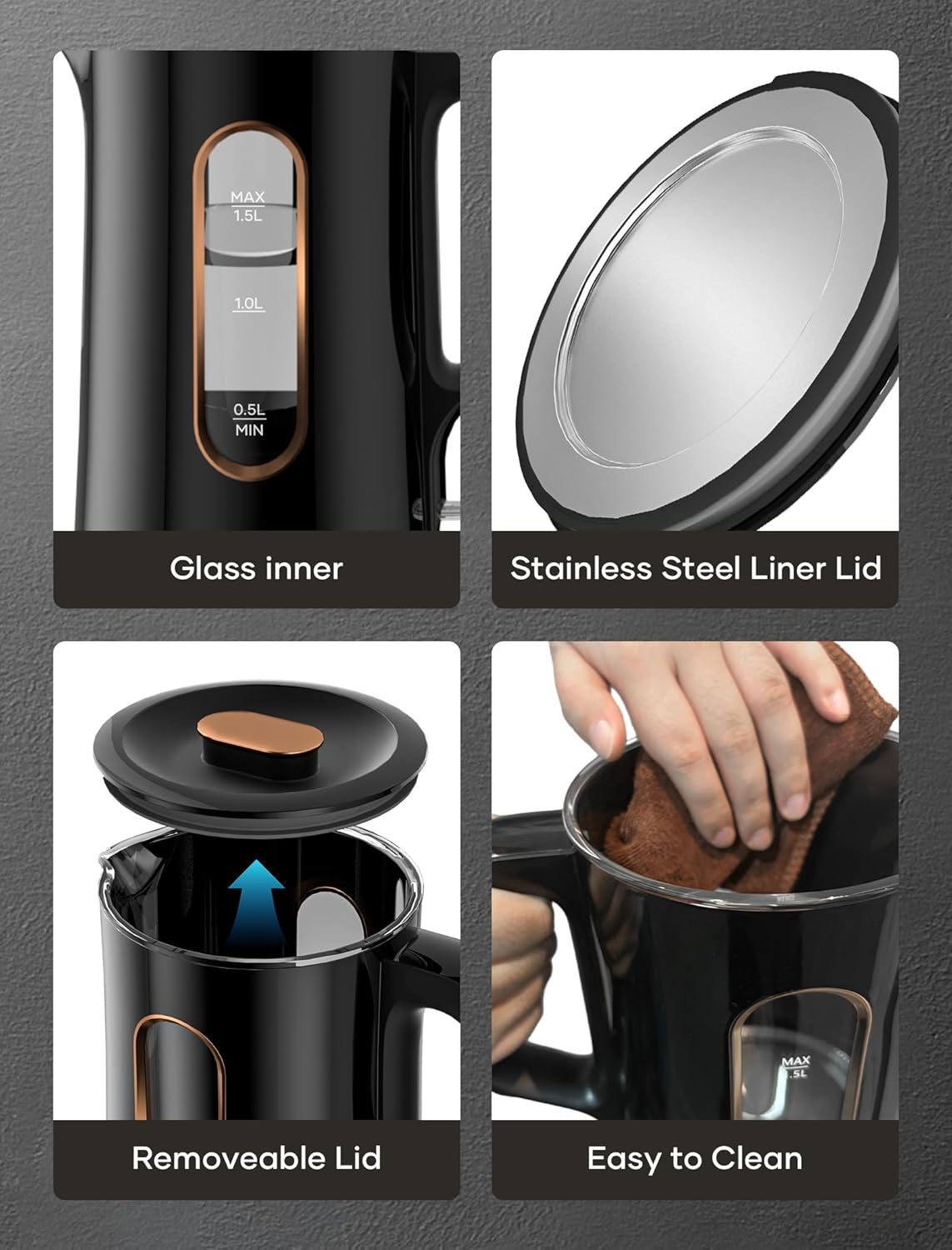 OFFACY Electric Kettle, Double Wall Glass Inner, Hot Water Boiler Heater Pot, 1.5-Liter, 1200 Watts for Fast Boiling, 53oz BPA Free, Glossy Black