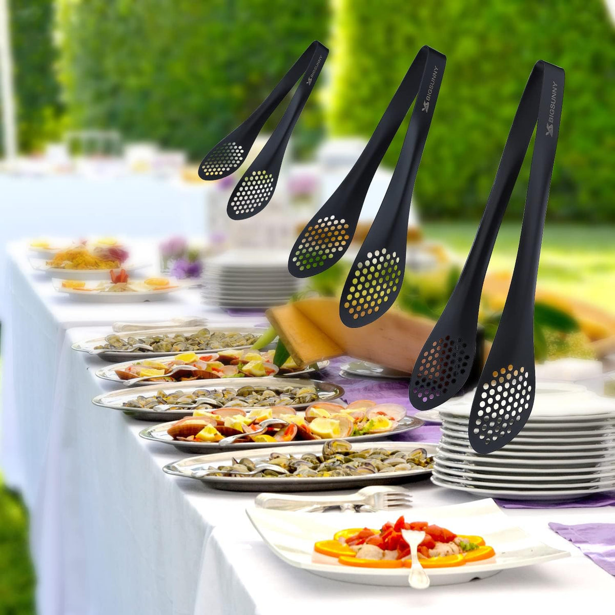 MSY BIGSUNNY Kitchen Buffet Tongs - Heavy Duty Food Serving Set for Cooking, BBQ - Metal Salad Tongs Set of 3 (Black 7" 9" & 11")