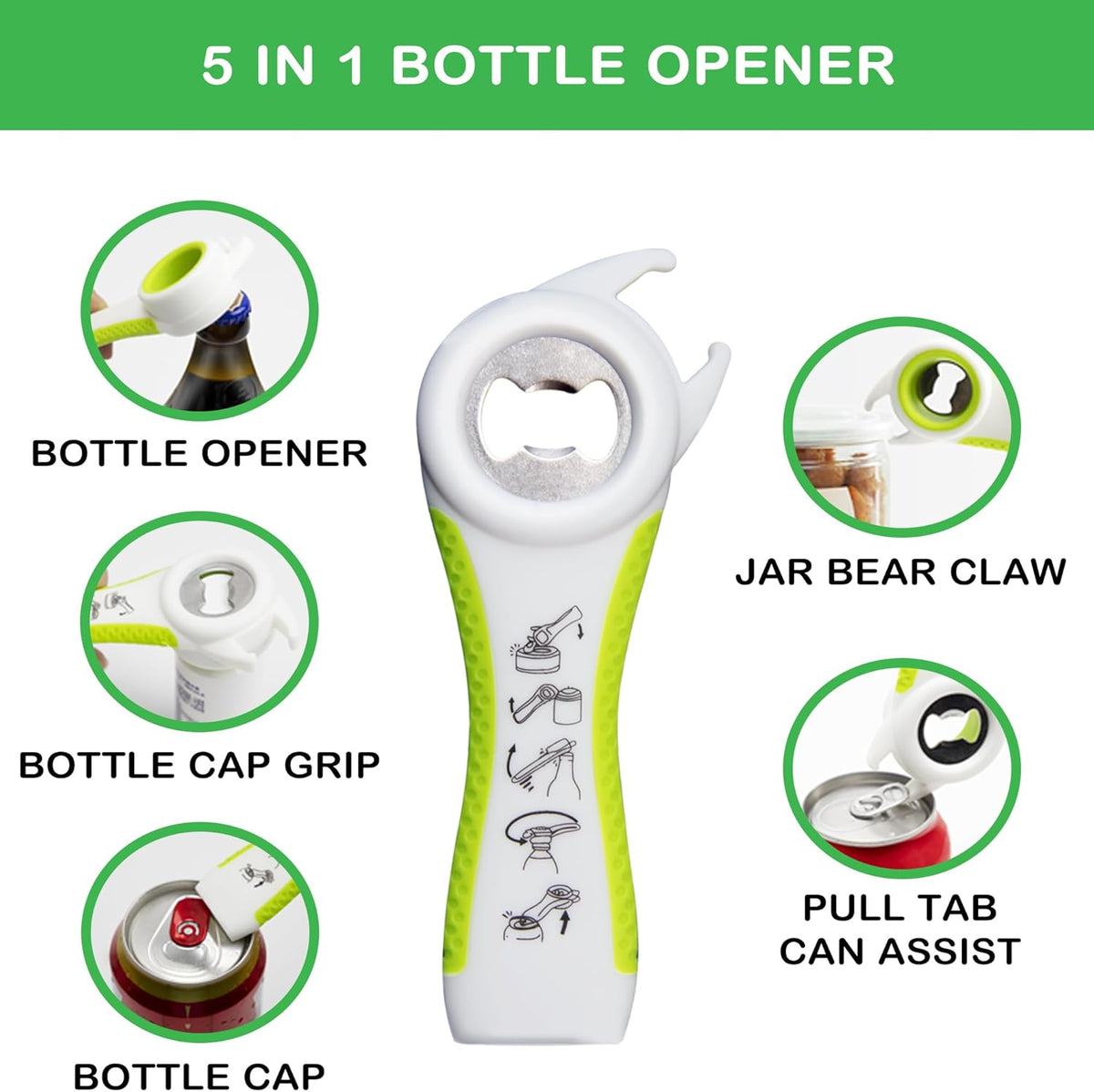 Jar Opener for Weak Hands, Seniors with Arthritis, 5 in 1 Multi Function Bottle Opener Lid Opener For Arthritic Hands