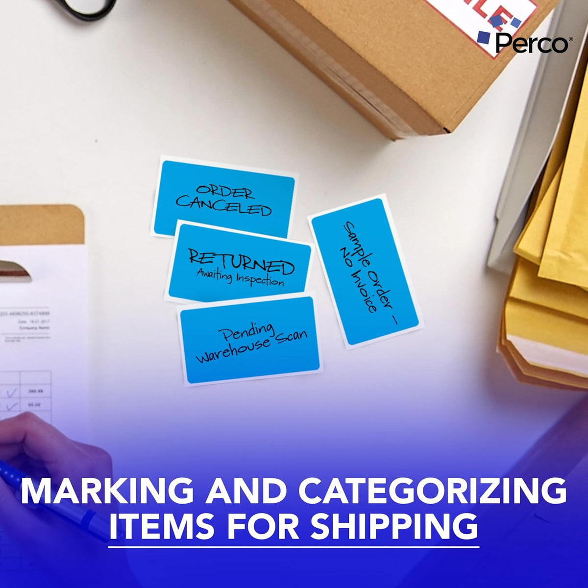 Perco Light Blue Labels 3x5 Inch 500 Stickers/Roll with Easy Peel Perforation and Strong Adhesion for Inventory Management, Color Coding, Moving Boxes, Retail, Organizing & Crafts – Made in USA