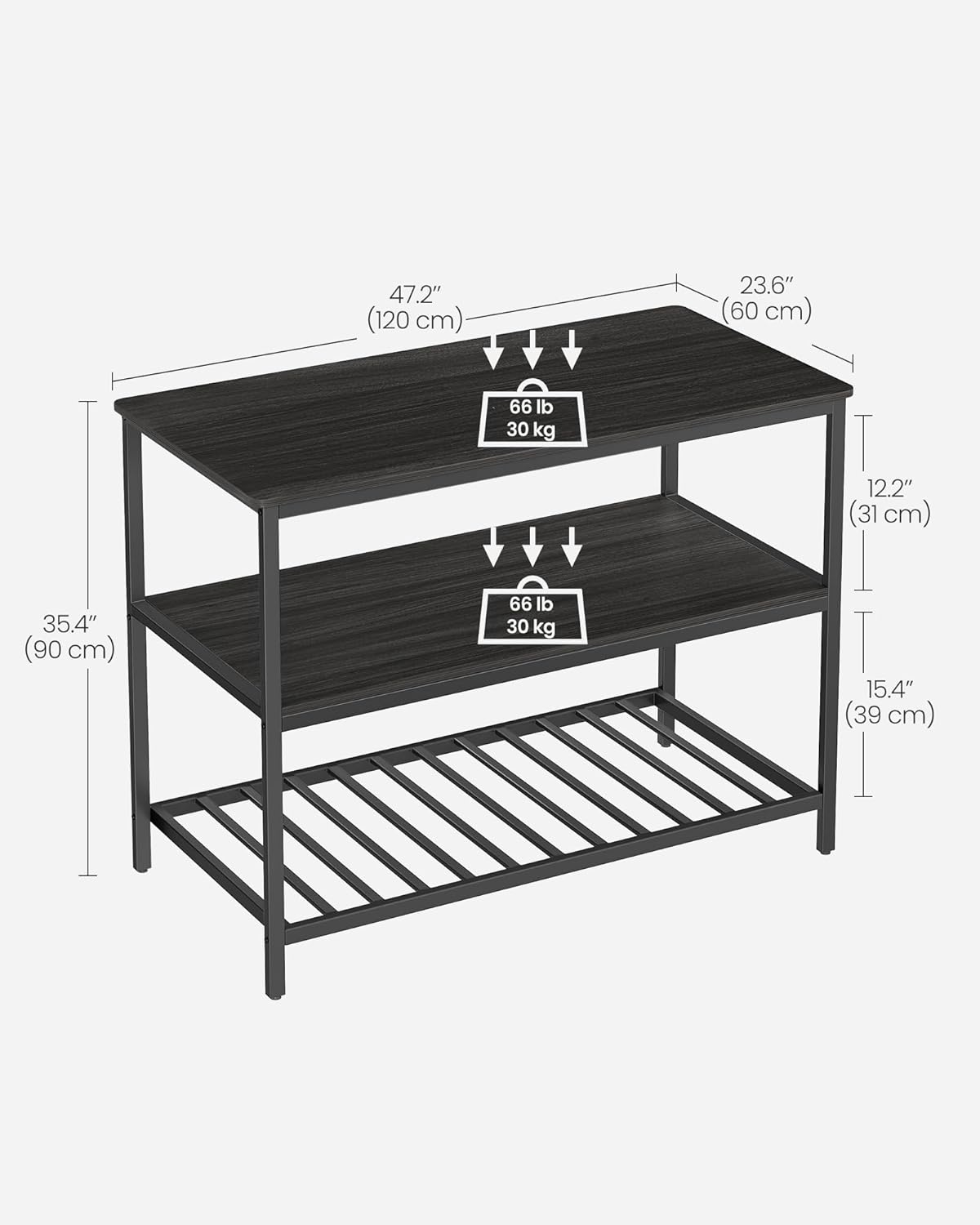 VASAGLE Kitchen Island with 3 Shelves, 47.2 Inches Width Kitchen Shelf with Large Worktop, Stable Steel Structure, Industrial, Easy to Assemble, Ebonised Oak and Black UKKI001B42