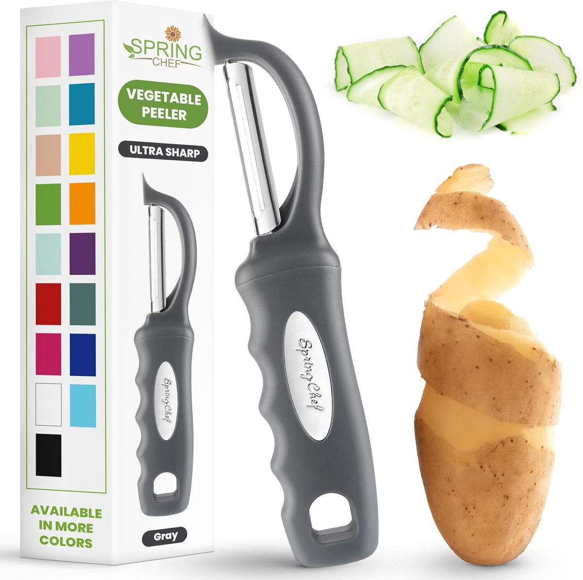 Spring Chef Premium Swivel Vegetable Peeler, Comfortable Handle and Ultra Sharp Stainless Steel Blades - Perfect Kitchen Peeler For Veggie, Fruit, Potato, Carrot, Apple - Gray
