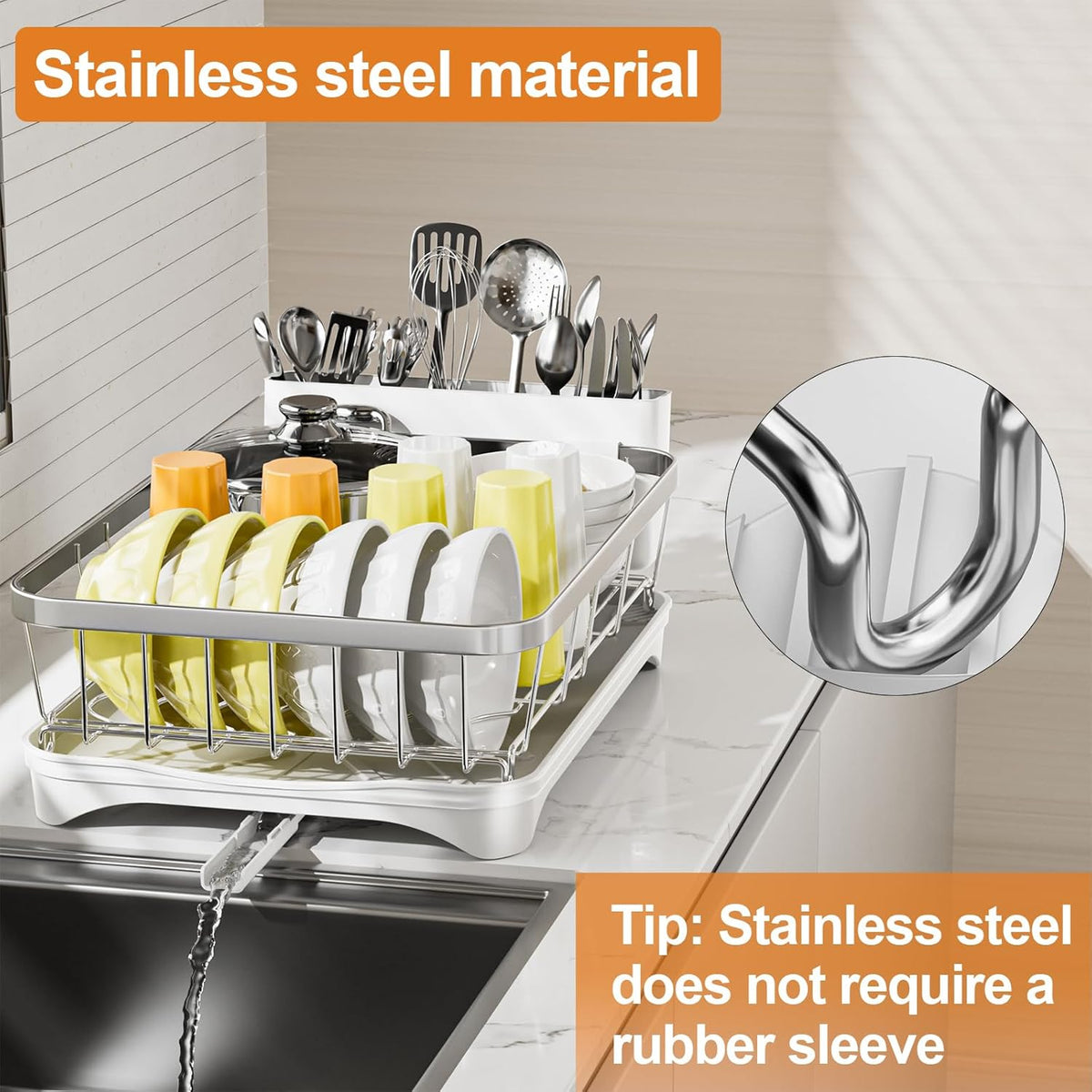 Stainless Steel Dish Drying Rack – 304 Grade Dish Racks for Kitchen Counter with Utensil Holder & Adjustable Spout, Space-Saving Organizer, 16.5" x 11.8" x 5.3" White