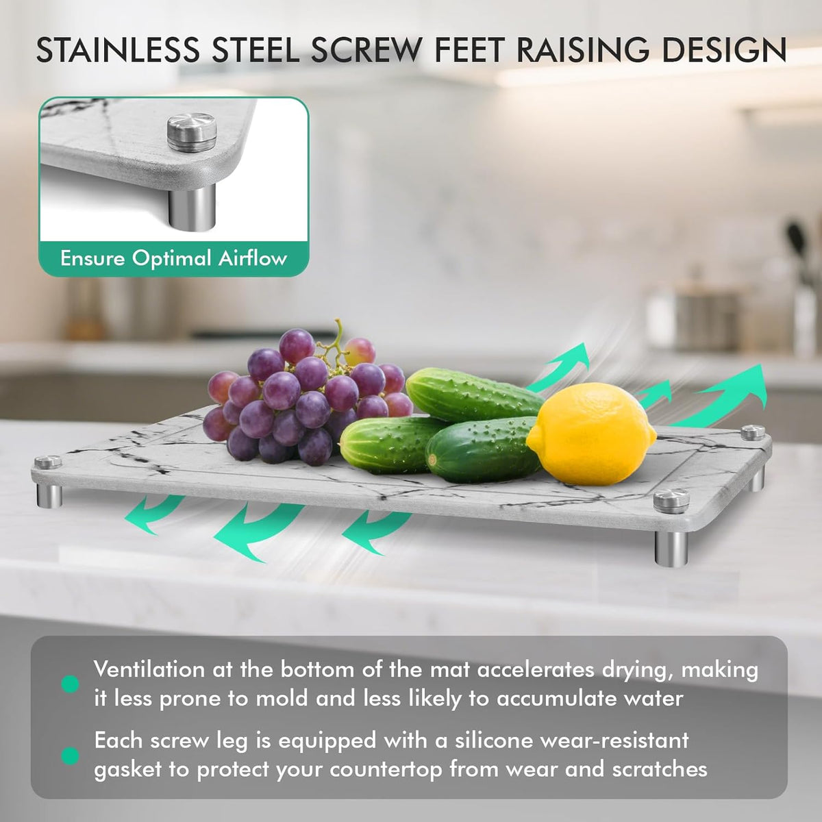 Stone Drying Mat For Kitchen Counter Superb Absorbent Diatomaceous Earth Mats with Non-Slip Feet Quick Dry Stone Dish Drying Pad Dish Pad Multi-Purpose(Marble-LightGray, 15.7" x 11.8")