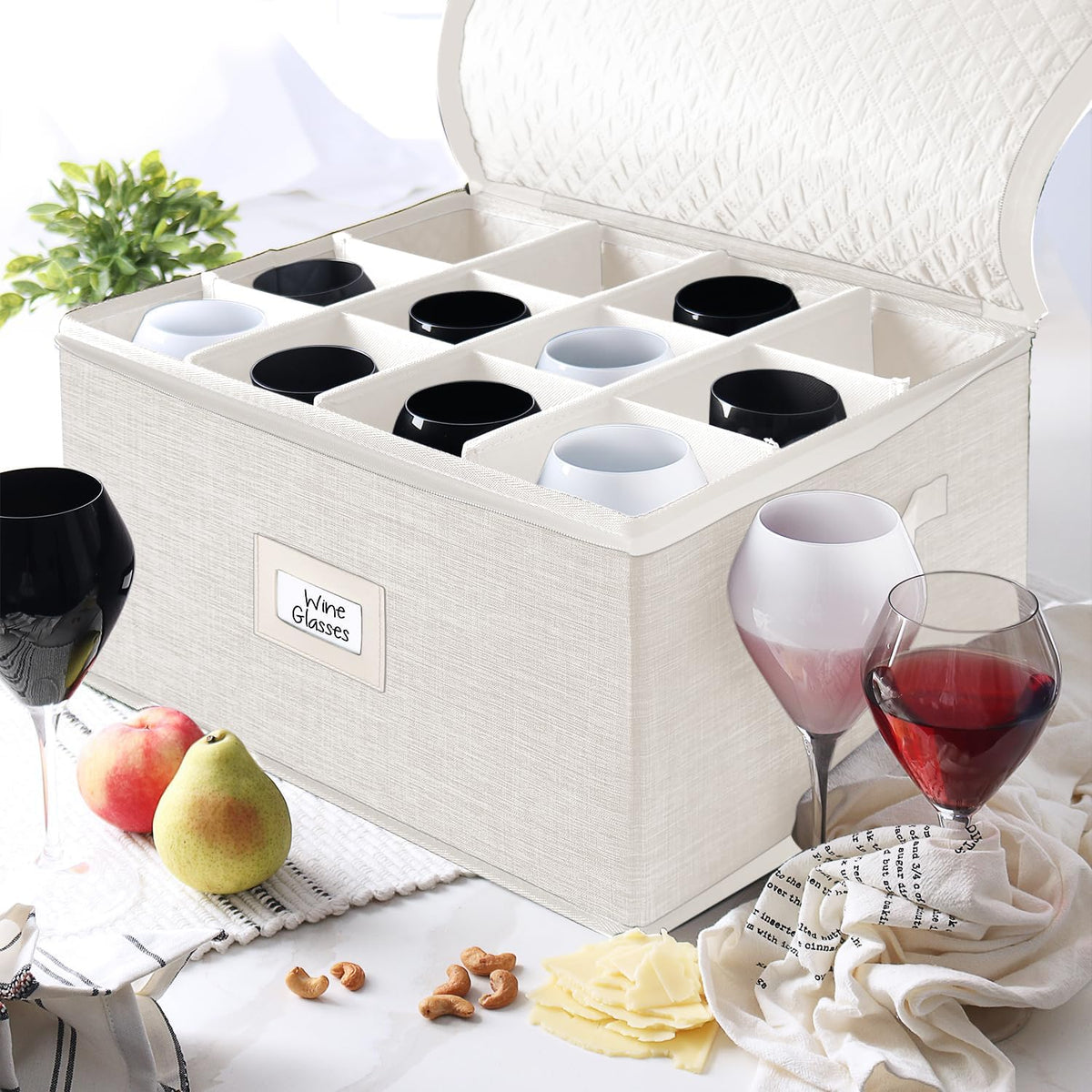 Wine Glass Storage Box with Dividers, 2 Pack Stackable Stemware Storage Cases, Service of 24 Glassware Storage Containers, Quilted China Storage Containers for Moving and Seasonal Storage, Cream