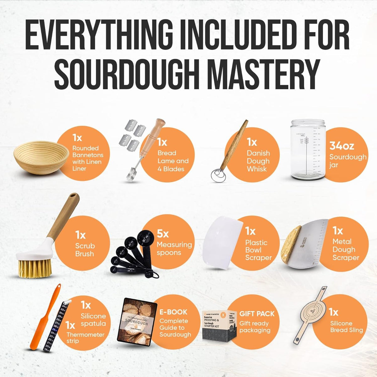 Complete Sourdough Starter Kit and Sourdough Bread Baking Supplies - Includes 9" Banneton Proofing Basket, 34oz Sourdough Starter Jar, Silicone Bread Sling, Scrapers, Bread Lame and Measuring Spoons