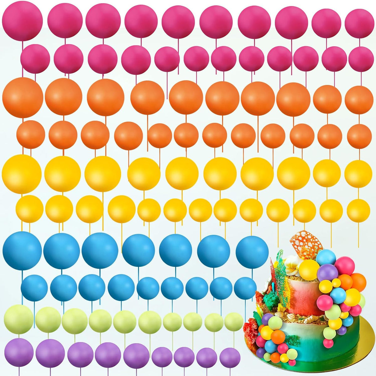 108 Pcs Balls Cake Topper DIY Cupcake Insert Foam Balloons for Cake Baking Wedding Anniversary Birthday Decoration(Sweet Colors,Multi Sizes)