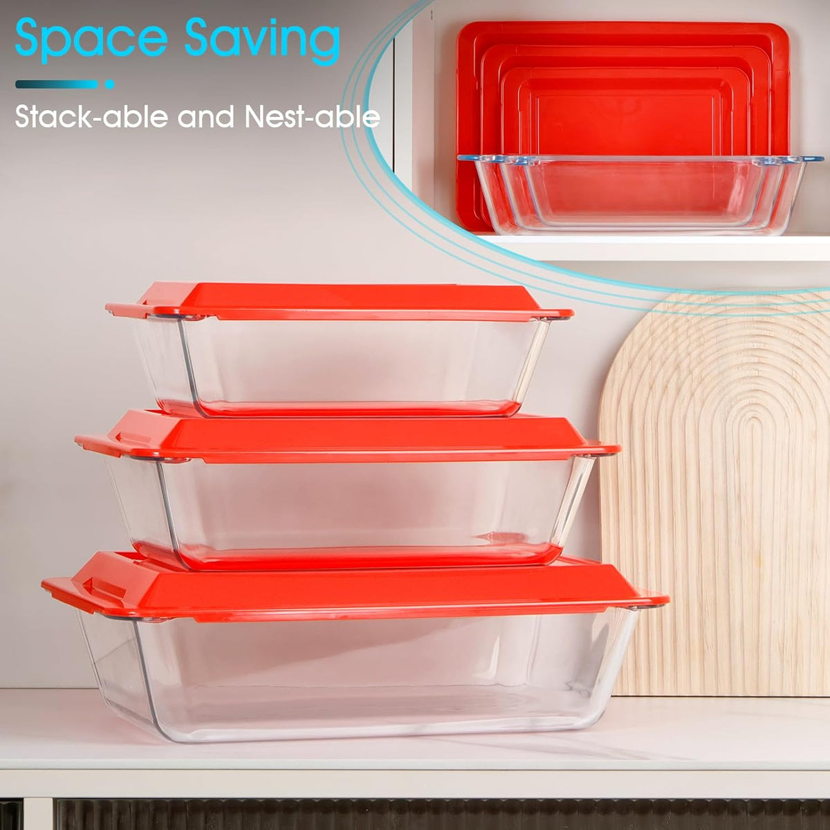 NUTRIUPS 6-Piece Deep Glass Baking Dish with Plastic Lids, 2.4+3.7+5.7Qt Deep Baking Pans for Lasagna Leftovers, Rectangular Glass Bakeware for Oven