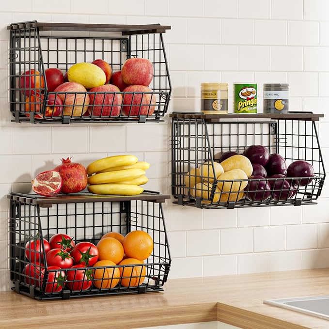 Wire Fruit Basket for Kitchen Storage: Hanging and Counter Wall Fruit Basket for Vegetable Produce - Potato and Onion Storage for Pantry 3 Pack