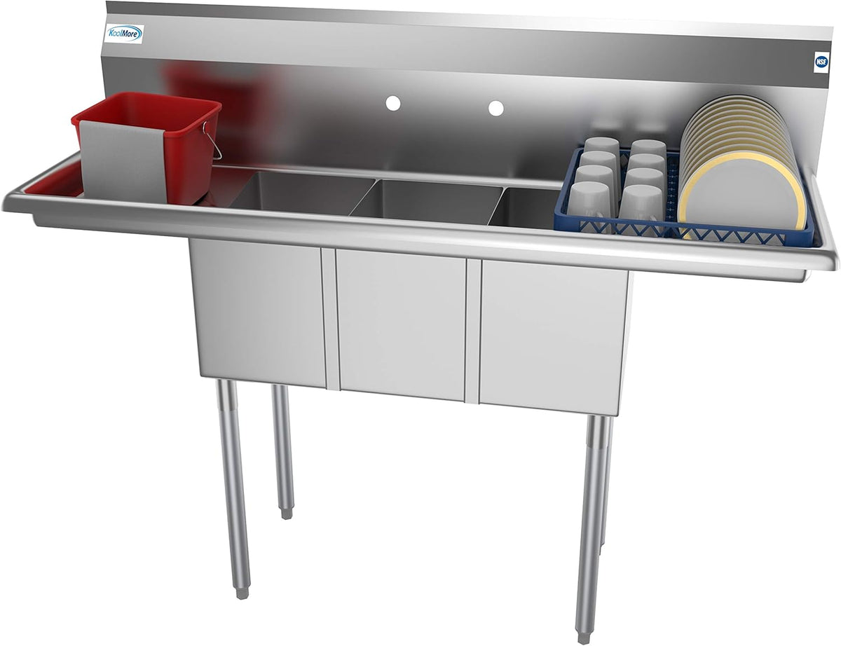 KoolMore - SC101410-12B3 3 Compartment Stainless Steel NSF Commercial Kitchen Sink with Right and Left Drainboards - Bowl Size 10" x 14" x 10", Silver