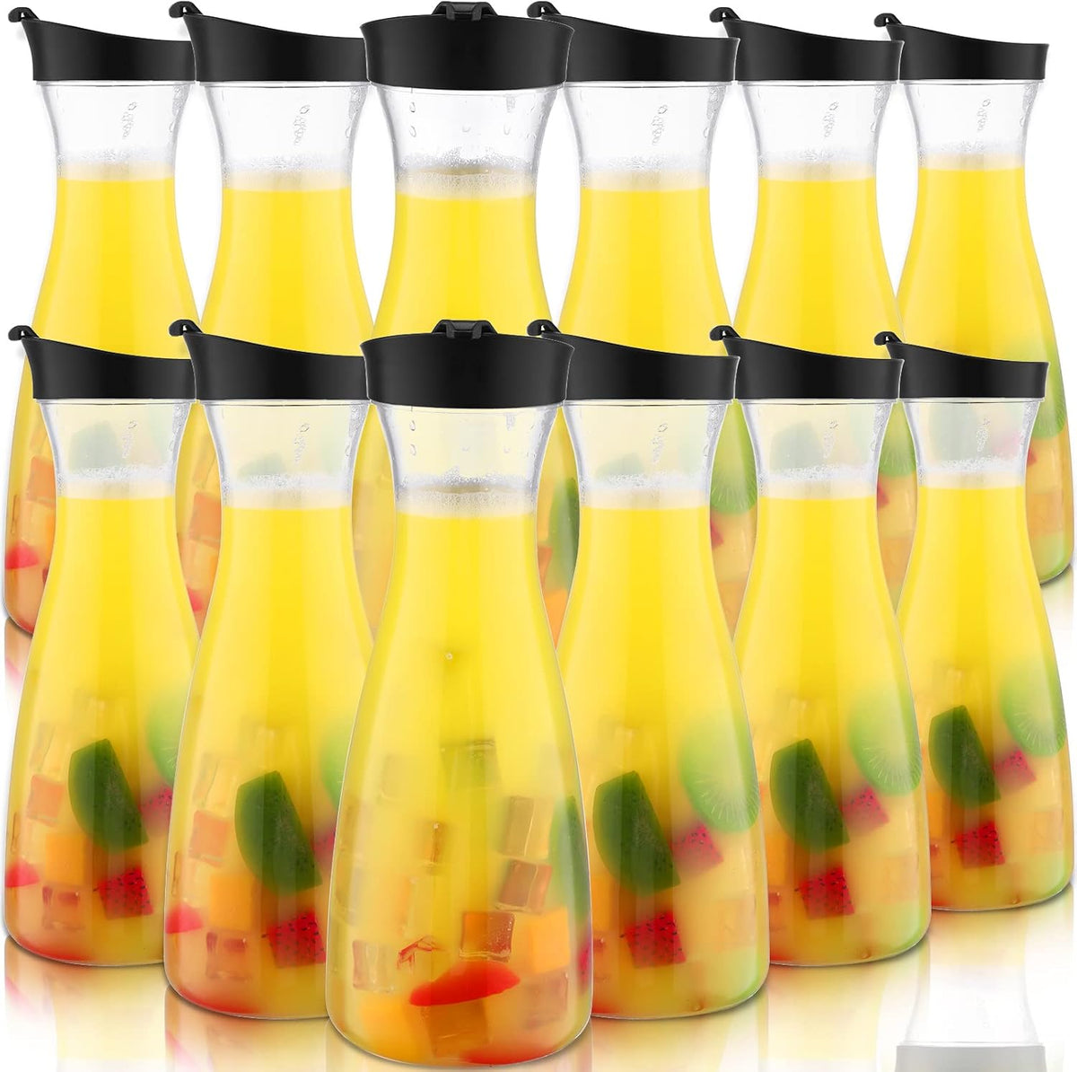 Xinnun 12 Pcs Water Carafe with Flip Top Lid Plastic Carafe with Black Lid Clear Plastic Water or Juice Beverage Pitcher Beverage Pitcher Jug for Restaurant Party School Bar Juice Milk Coffee (20 oz)