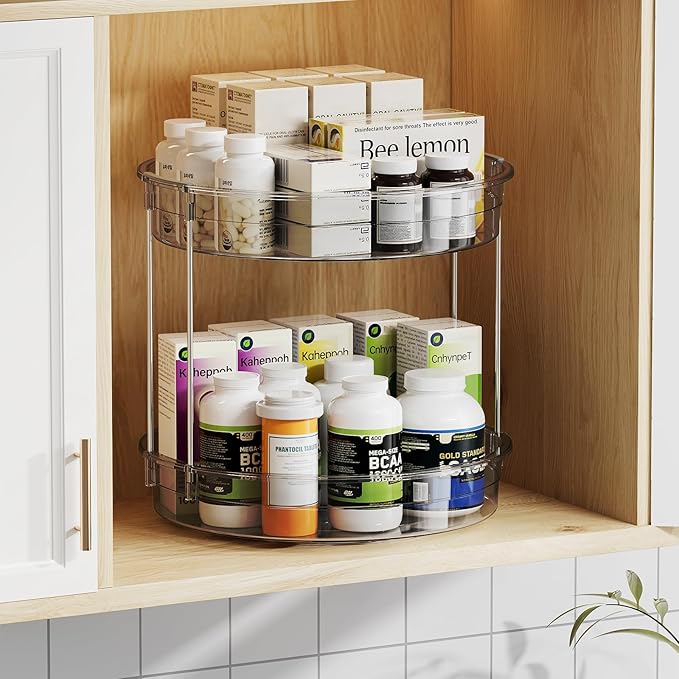 LAMU 12 inch 2 Tier Lazy Susan Turntable Organizer Rotating Spice Rack Organization for Cabinet, Kitchen, Pantry, Countertop, Bathroom, Vanity, Medicine Cabinet Organizer, Grey