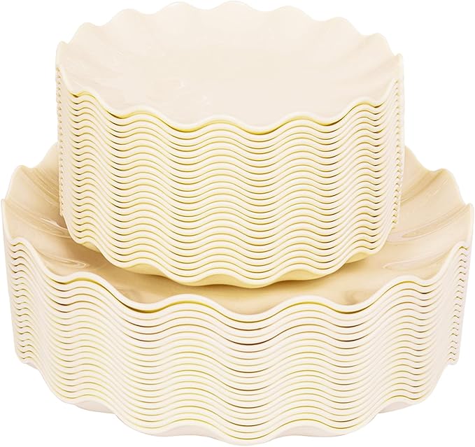 LIYH 50 Pcs Beige Plastic Plates Reusable Unbreakable Dinner Plates Scalloped Plastic Plates Dishwasher Safe Ivory Plate Sets Perfect for Parties Birthday Picnics BPA Free (25Guests)