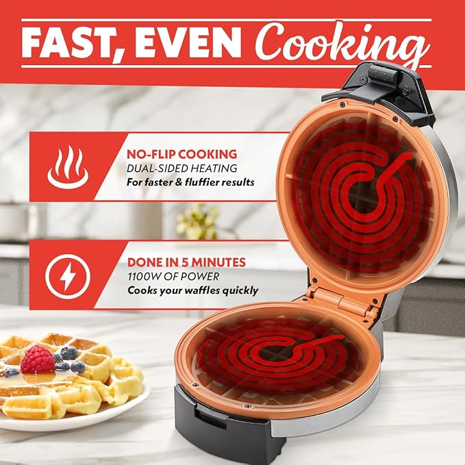 Gourmia Belgian Waffle Maker, Nonstick, Adjustable Browning Control, Cool Touch Handle, Indicator Lights, Quick Heat & Upright Storage, Compact, 1100W, Stainless Steel