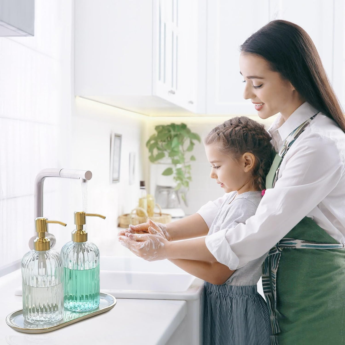JASAI 2PACK 18Oz Fluted Glass Soap Dispenser with Golden Rust Proof Pump, Refillable Kitchen soap Dispenser with Vertical Stripe, Bathroom Soap Dispenser for Dispense Hand soap, Dish Soap, Lotion.
