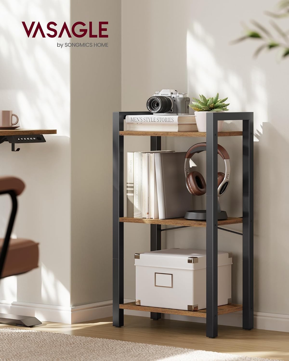 VASAGLE 3-Tier Bookshelf, Bookcase with Steel Frame, Book Shelf for Living Room, Home Office, Study, 9.4 x 15.7 x 30.1 Inches, Industrial Style, Rustic Brown and Ink Black ULLS098K02