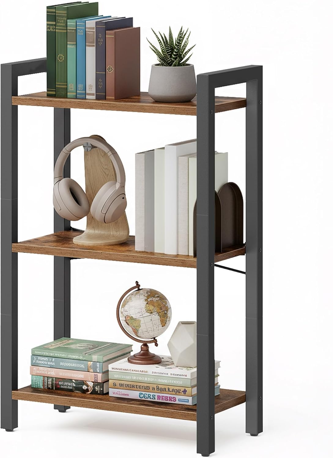 VASAGLE 3-Tier Bookshelf, Bookcase with Steel Frame, Book Shelf for Living Room, Home Office, Study, 9.4 x 15.7 x 30.1 Inches, Industrial Style, Rustic Brown and Ink Black ULLS098K02