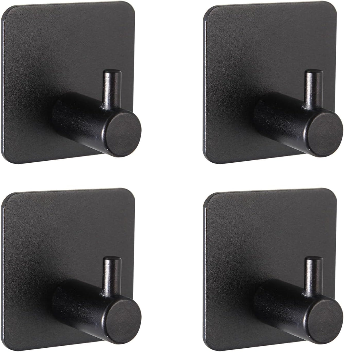Aluminum Wall Hooks, No Drill Damage-Free Adhesive Hook, Product for Hanging Heavy Duty for Bathroom Kitchen Home (Single Square Black Hook, 4)