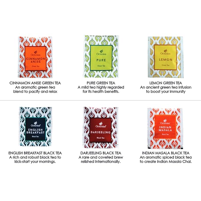 Octavius Gift's Select - Assorted Tea in Leafcut Design Wooden Box | 6 Flavors, 60 Tea Bags | Black & Green | Premium Tea Gifts for Women & Men | Pack of 1