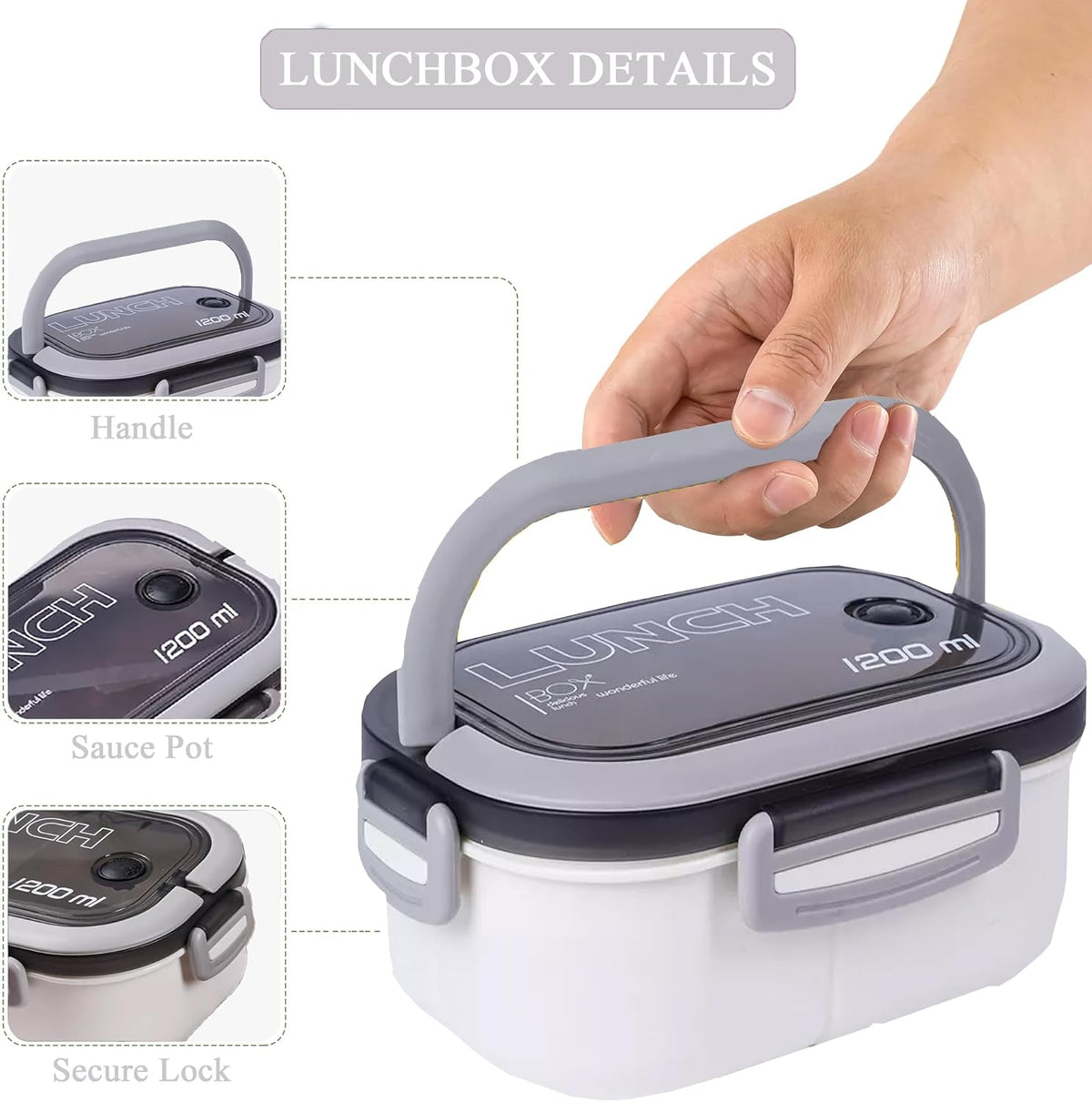 Bento Box Adult, Lunch Box for Men and Women, 1200ML Leak-proof Double-layered with Handle Lunchbox, Reusable BPA-Free Lunch Container, Microwave/Dishwasher Safe, Snack Box with Cutlery Set, White