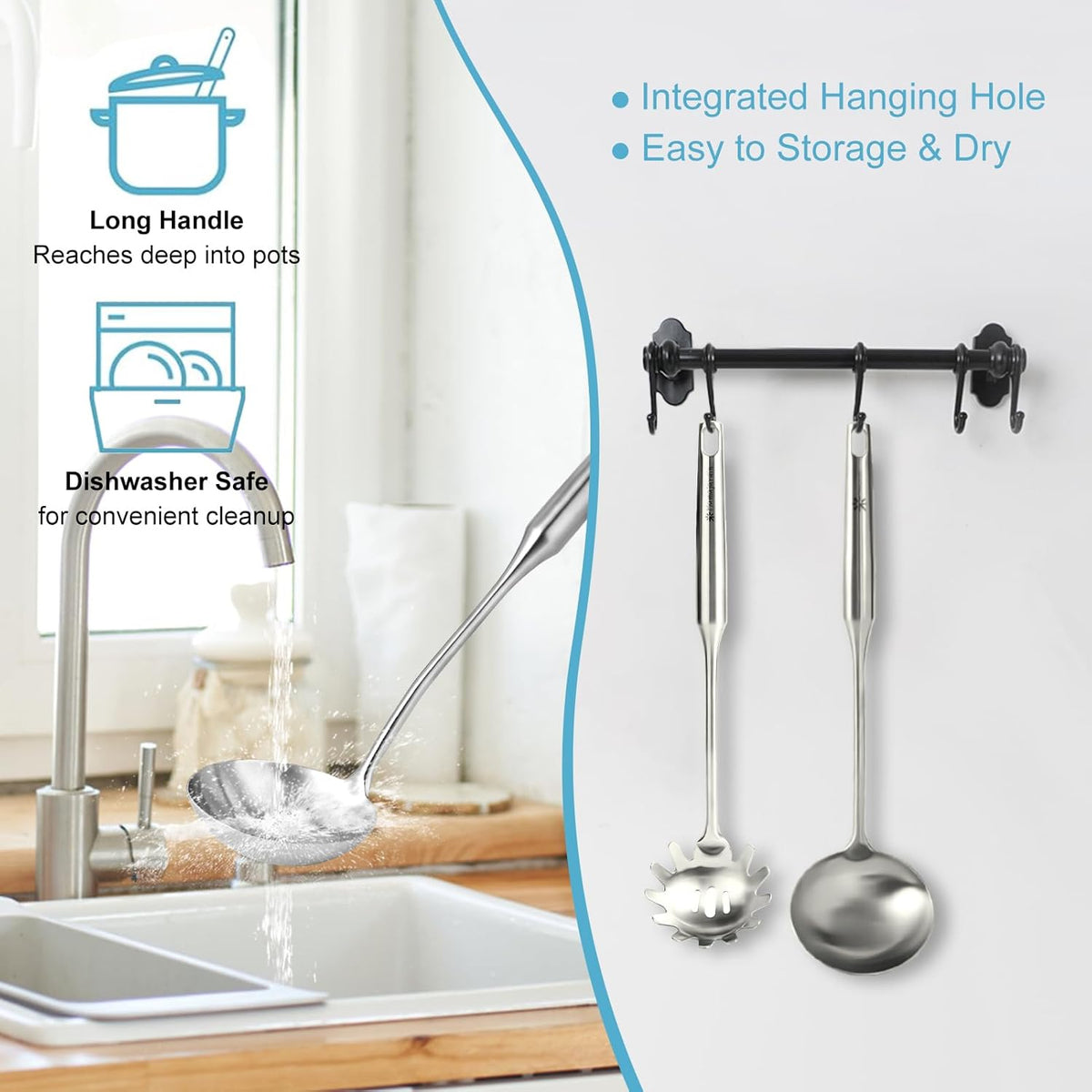 Stainless Steel Soup Ladle and Spaghetti Spoon Set - Large Ladle Spoon, Pasta Strainer, Durable Kitchen Cooking Utensils for Stirring, Serving Pasta, Soup & Sauce [Heat Resistance，Integral Forming]