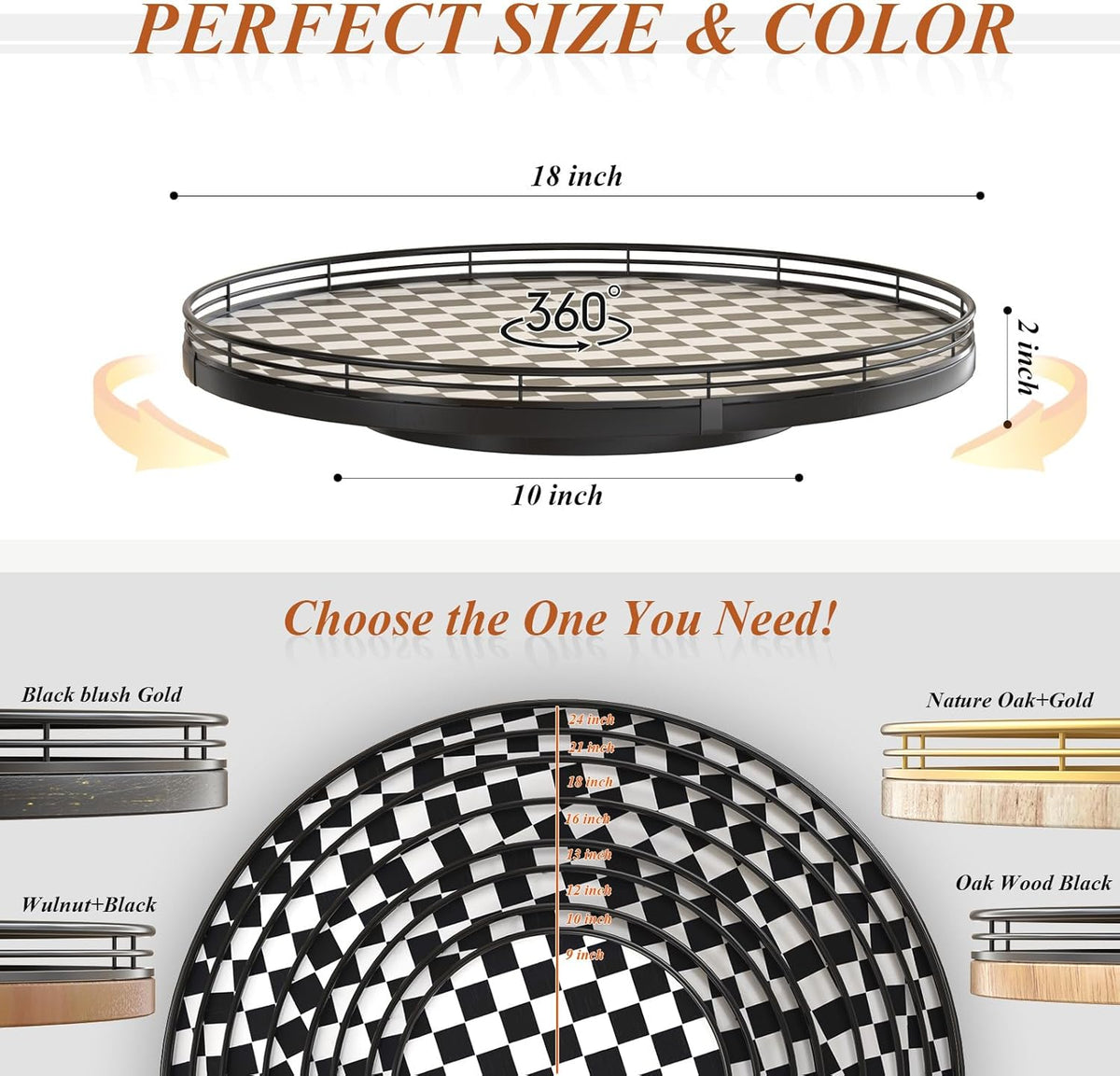 18" Black and White Kitchen Lazy Susan Turntable, Round Checkered Decorative Tray, Large Lazy Susan for Dining Table Centerpiece, Pantry, Kitchen, Bathroom, Countertop, Cupboard, Home Decor