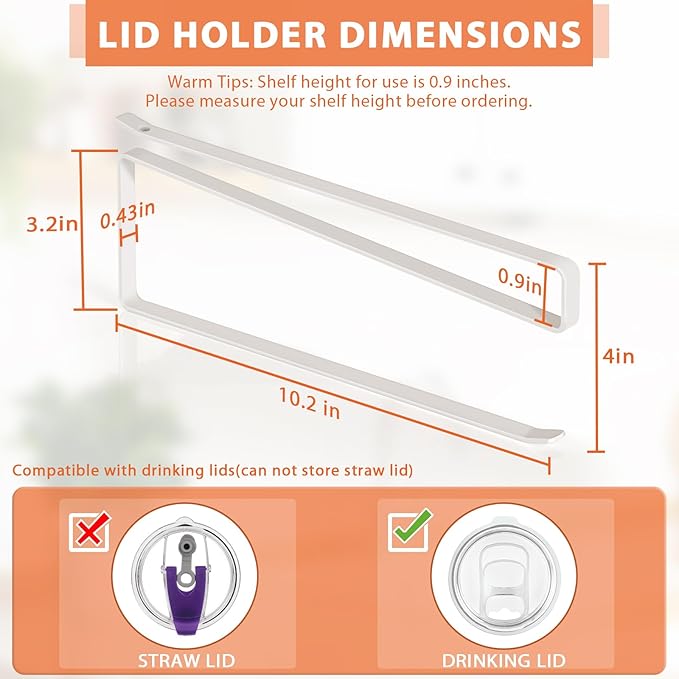 Tumbler Lid Organizer, Horizontal Tumbler Lid Storage Hook Up to 10 Lids, Space Saving Cup Lid Holders Under Cabinet Tumbler Lid Hook for Kitchen Organizer and Storage, Paper Towel Rack Hanger (White)