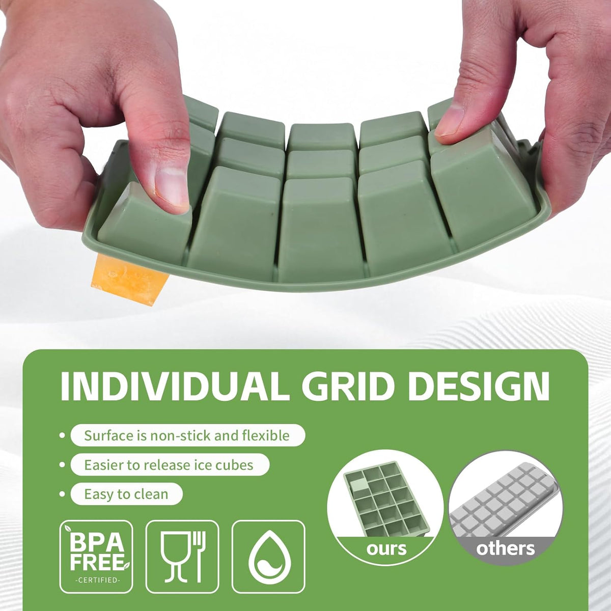Silicone Ice Cube Tray, 2 Pack Easy-Release Stackable Ice Trays for Freezer with Lid 15 Reusable Cubes, Food Grade BPA Free Ice Molds for Whiskey, Baby Food, Coffee, Cocktail (Grey+Green)