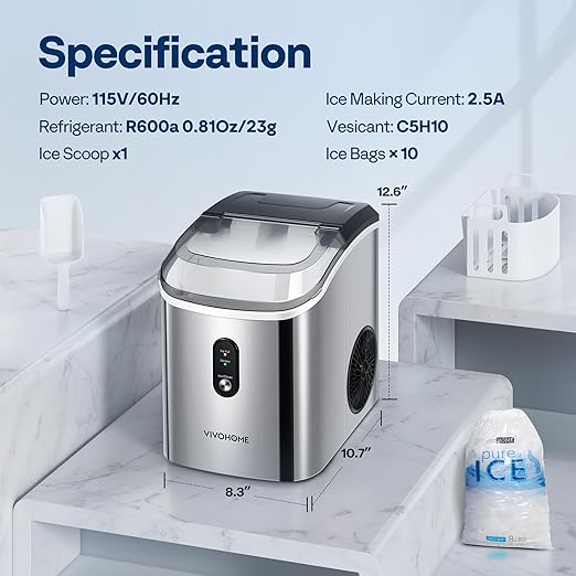 VIVOHOME Electric Portable Compact Countertop Automatic Chewable Nugget Ice Cube Maker Machine with Hand Scoop 10 Ice Bags and Self Cleaning Function 33lbs/Day Silver