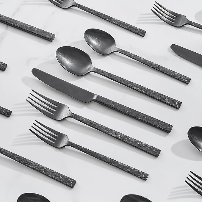 KINGSTONE 20 Pcs Black Hammered Silverware Set for 4, 18/10 Stainless Steel Heavy Duty Flatware Set, Tableware Cutlery Utensil Sets for Home Restaurant Dishwasher Safe