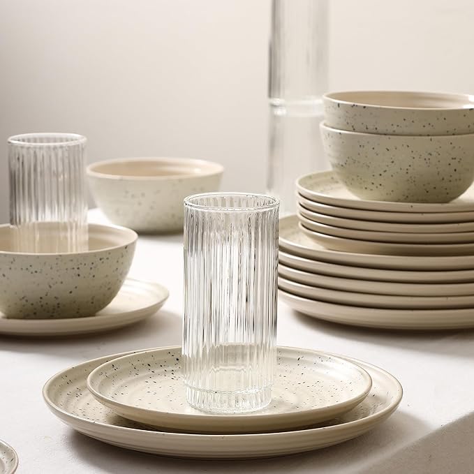 Stone Lain Dua 16-Piece Dinnerware Set Stoneware, Borosilicate Glass, White