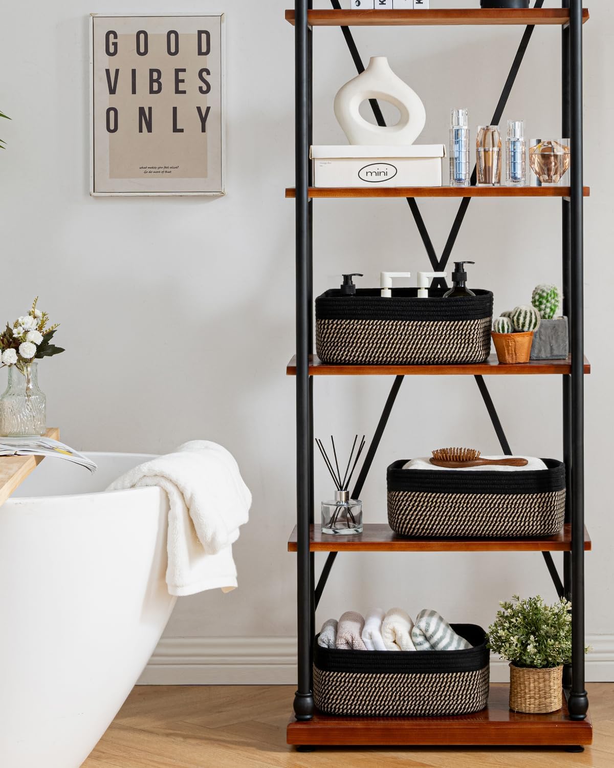 Small Woven Basket, 13.5 x 9.5 x 5 Inches, Storage Basket for Organizing, Cute Small Rope Shelf Closet Cube Storage Bins Baskets for Shelves, Dog Toy Gift Baskets Empty, 3 Pack Black & Brown