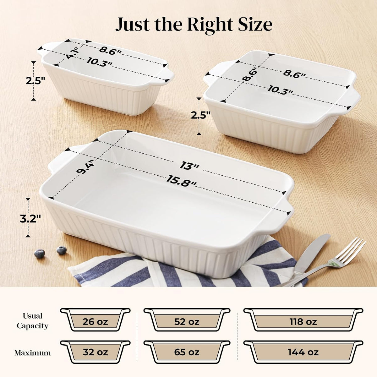 DOWAN Casserole Dishes for Oven, Baking Dishes Set, Ceramic Bakeware Sets of 3, Lasagna Pan Deep, Rectangular Baking Pan Set with Handles for Baking, Casserole, Kitchen, Wedding Gift, White (13''/8''/4'')