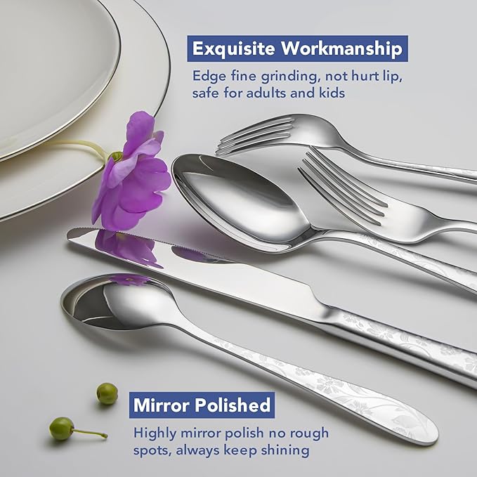 40 Piece Silverware Set Service for 8, EIUBUIE Premium Stainless Steel Cutlery Set, Mirror Polished Flatware Sets with Pattern Handle, Modern Kitchen Eating Utensils Sets Include Spoons Forks Knives
