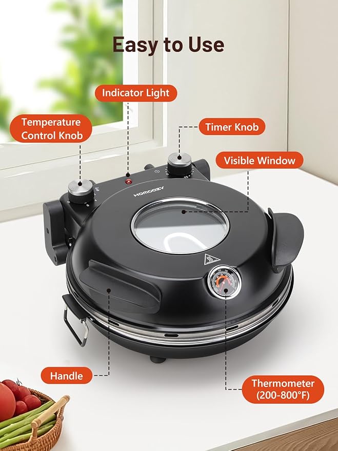 Electric Pizza Oven Indoor with Glazed Ceramic Stone, 12-Inch Portable Countertop Pizza Maker with Adjustable Timer, 1200W Heat up to 800°F Pizza Maker with Viewing Window for Home DIY Pizza