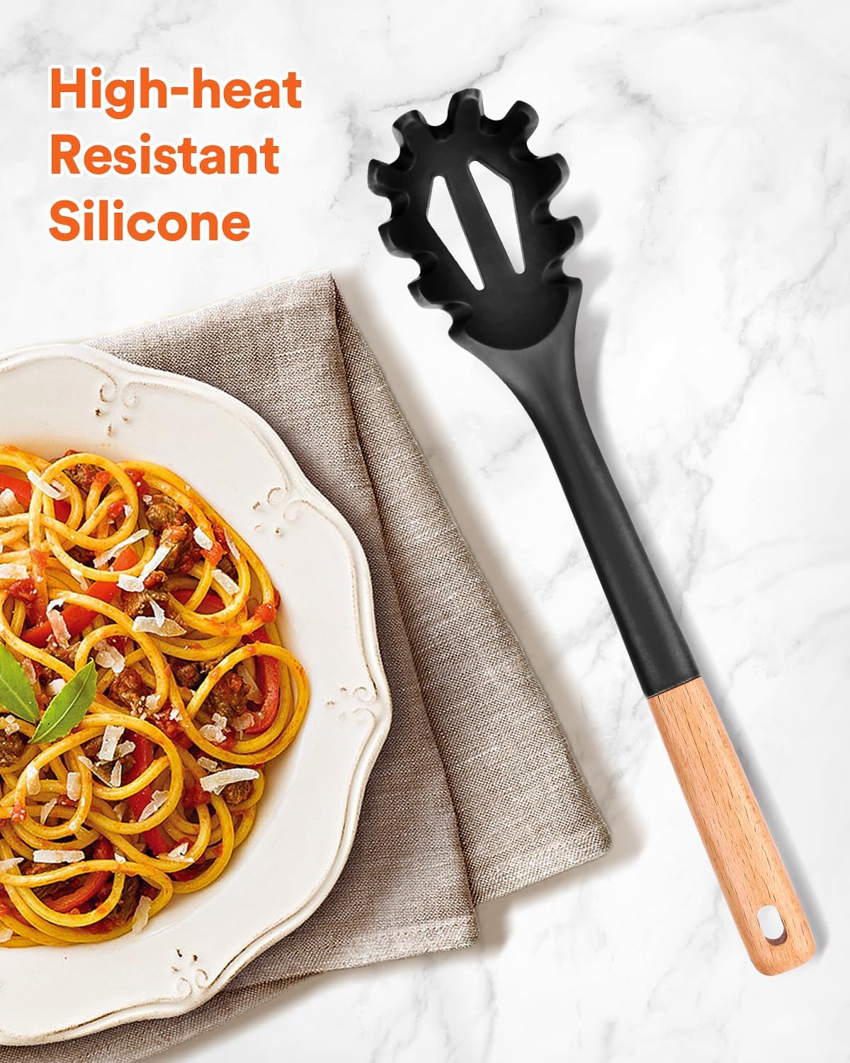 Silicone Pasta Fork, Kitchen Heat Resistant Noodle Spoon Server, BPA Free Spaghetti Strainer,12.8 inch (Black)