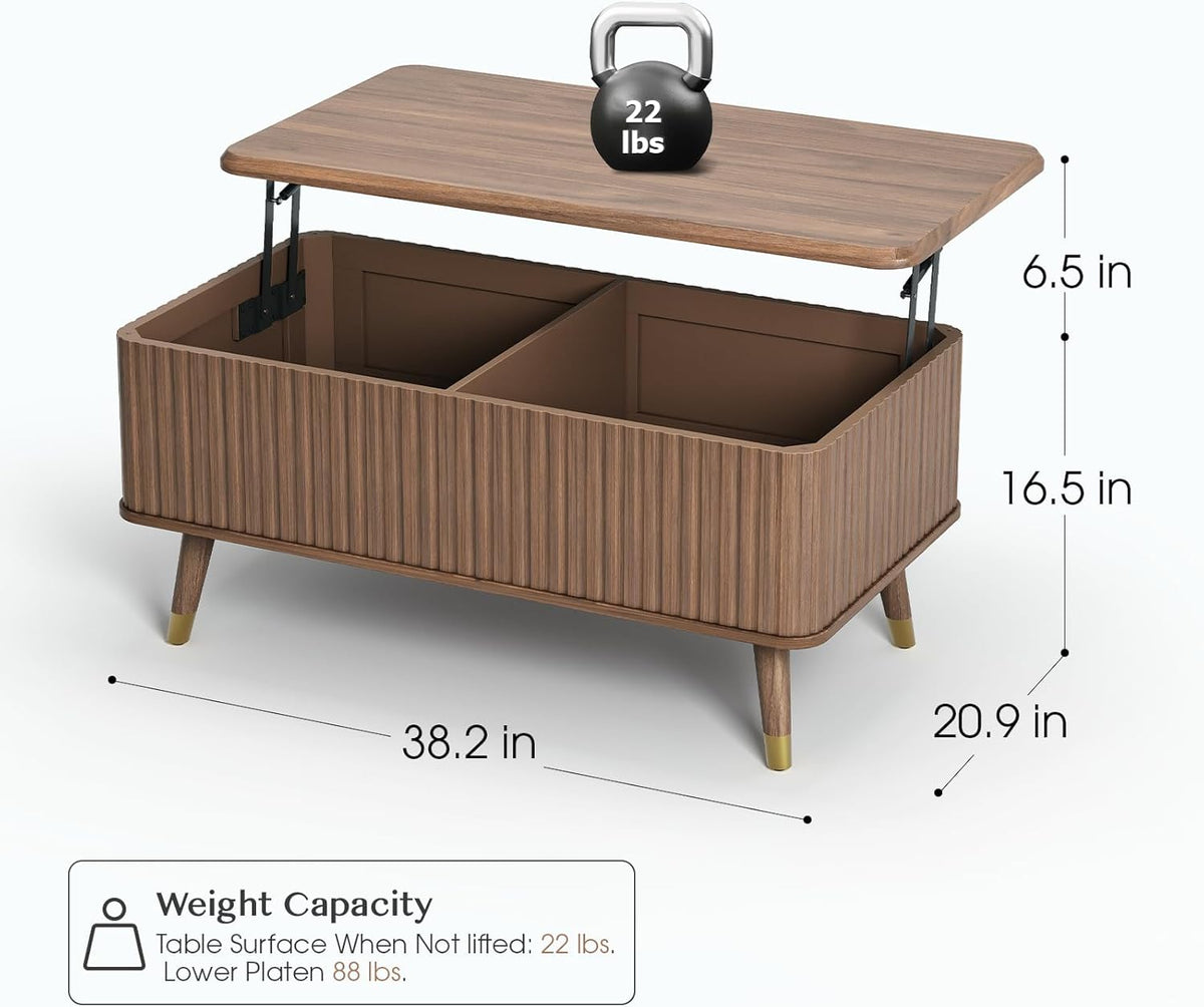 Lift Top Coffee Table, Mid Century Modern Coffee Table with Hidden Storage Compartment, 38" Fluted Center Table for Living Room, Home Office, Walnut