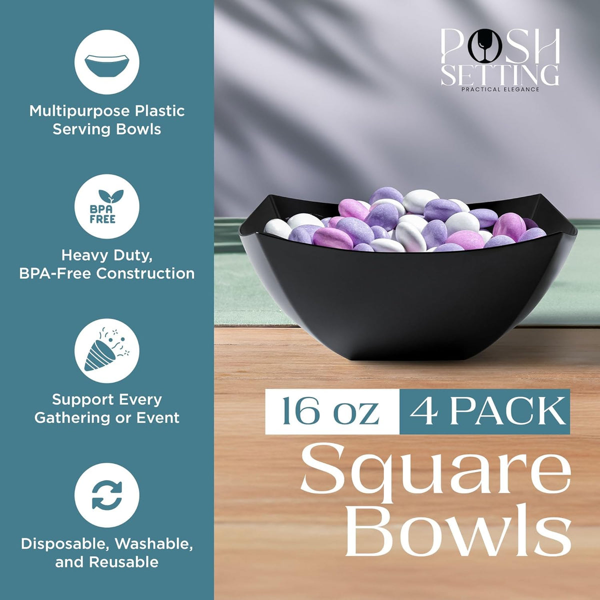 Posh Setting - Black Plastic Serving Bowls (16oz - 4 Pack) Square, Disposable, Salad & Fruit Bowls for Party Table, Candy Containers for Candy Buffet